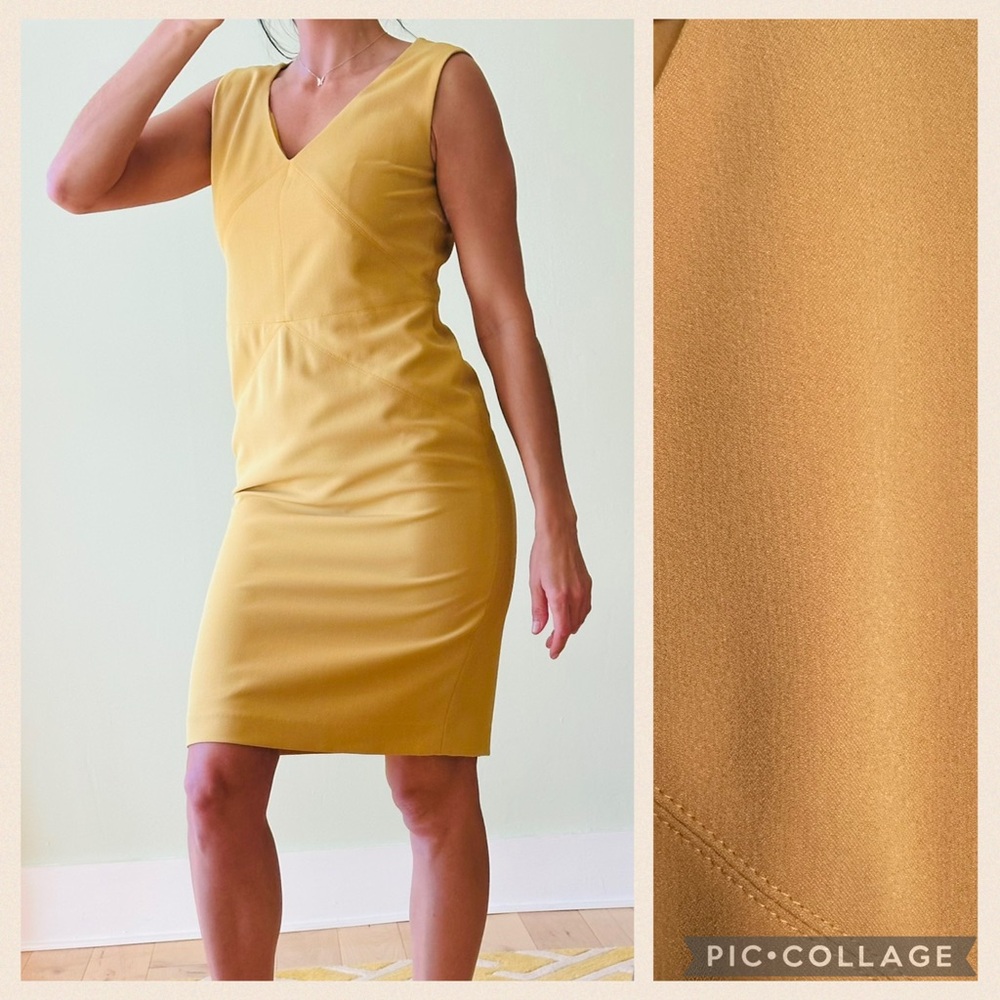Jones Studio Mustard Gold V-Neck Sheath Midi Dress